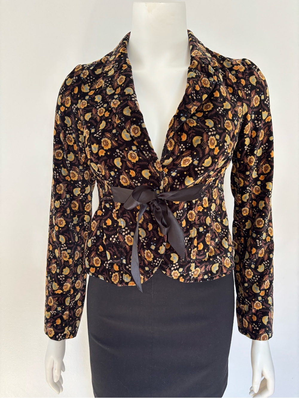 Free People Black Floral Velvet Blazer with Satin Tie